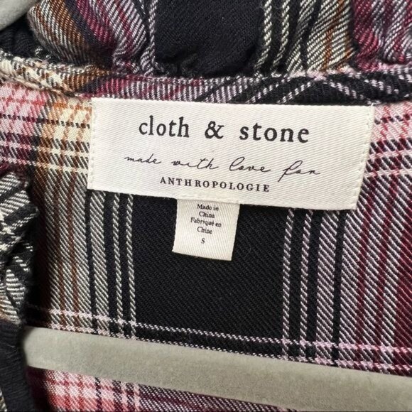Cloth & Stone for Anthropologie Long Sleeve Plaid Top Ruffle V-Neck, Size Small - Picture 6 of 7